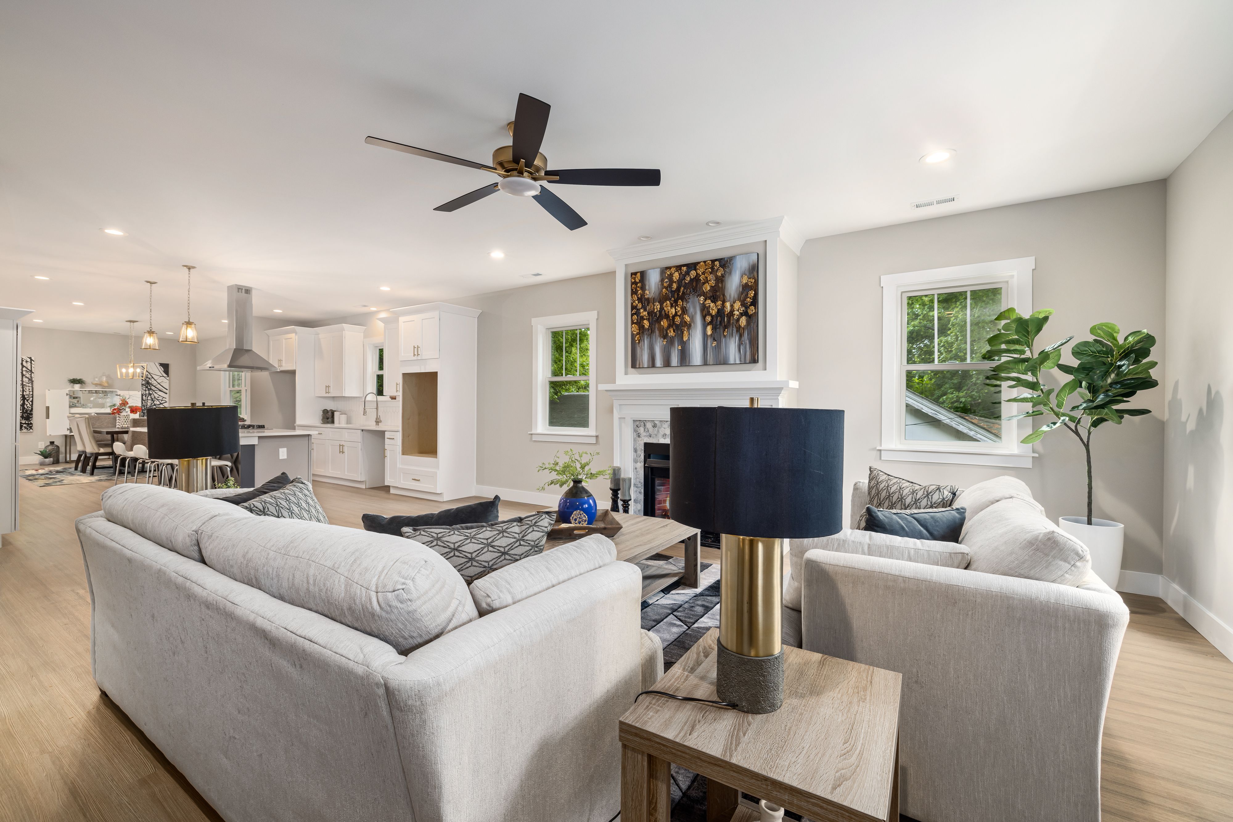 A light-filled finished living space connected to a kitchen
