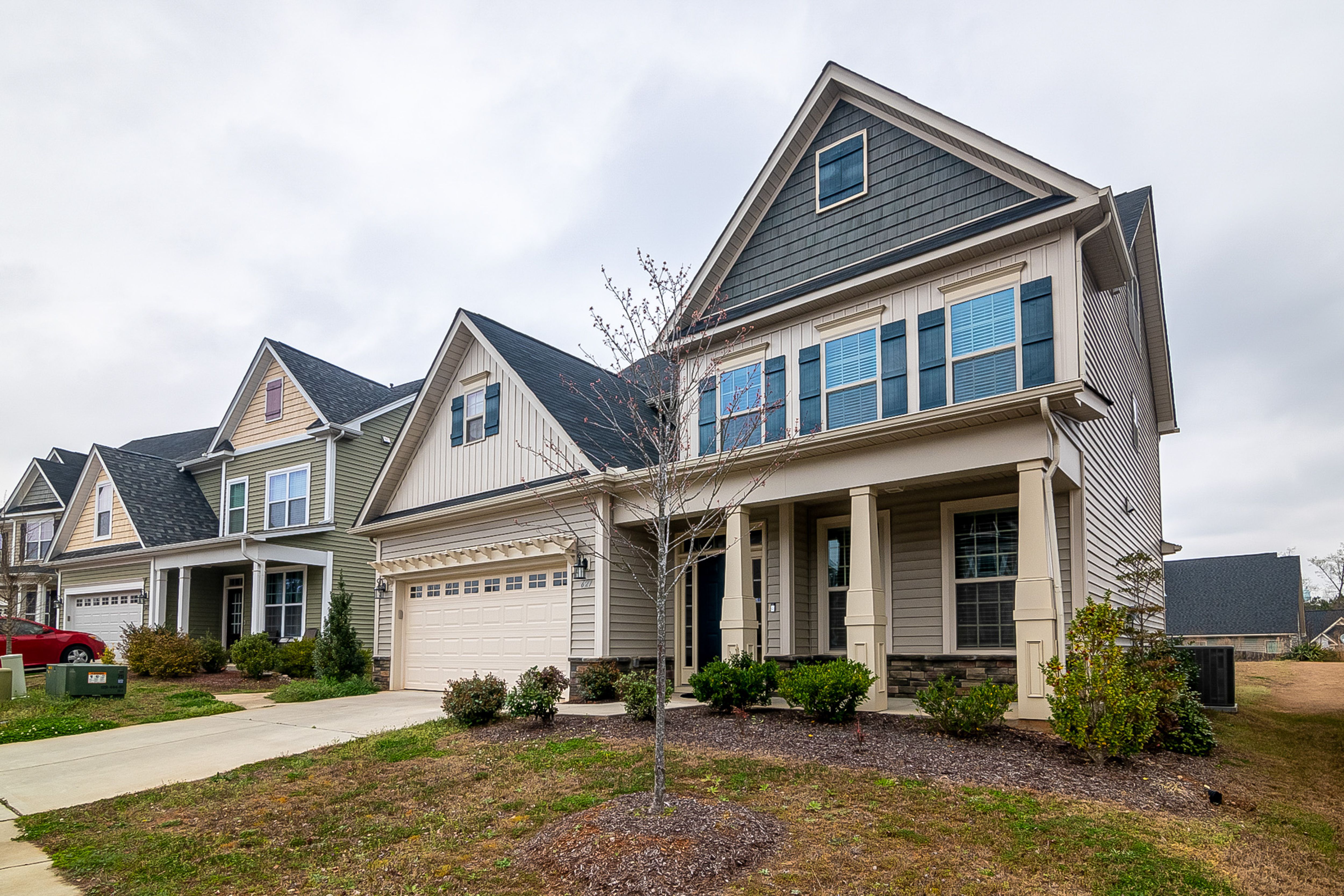 A coordinated neighborhood of newly built homes